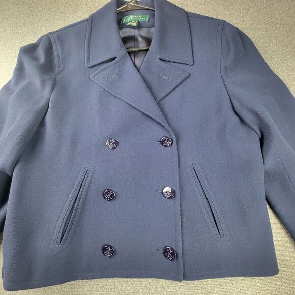 Lauren Ralph Lauren Size 12 Blue Double Breasted Cropped Blazer Nautical Peacoat - Picture 3 of 9